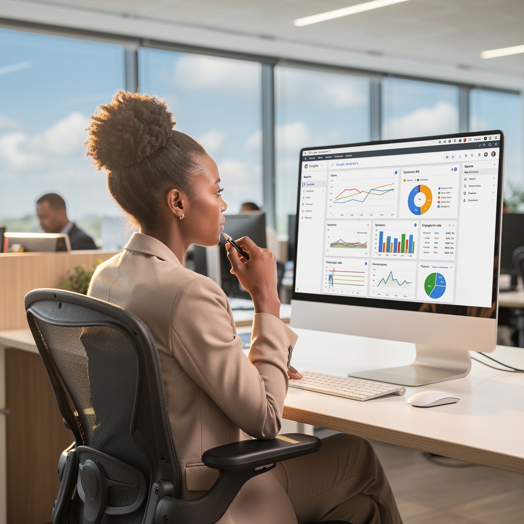 Bird's eye view of a bright analytics dashboard on a large monitor, with a professional reviewing data charts in a sunlit modern office