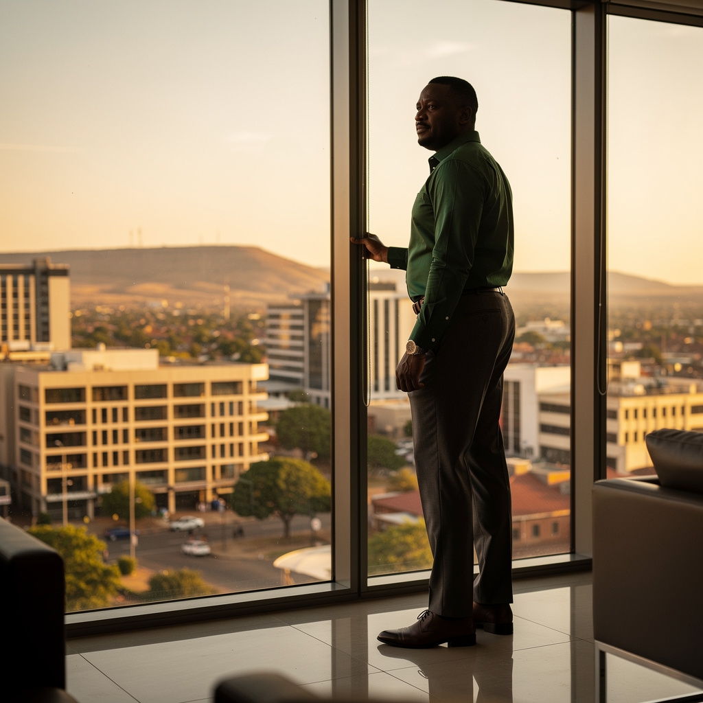Confident Botswana entrepreneur in smart casual attire standing at large office window overlooking Gaborone cityscape, warm golden afternoon light, thoughtful expression