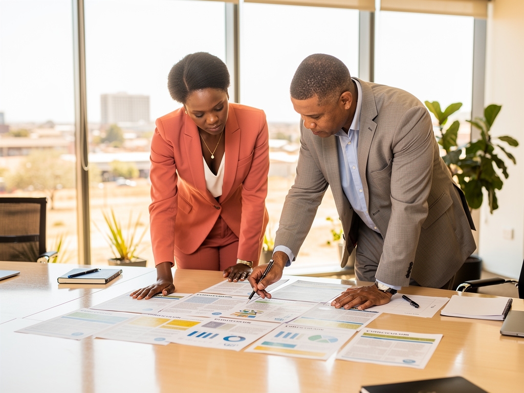 Two professionals in a bright modern Gaborone office reviewing printed curriculum documents spread across a table, warm overhead lighting, collaborative focused atmosphere
