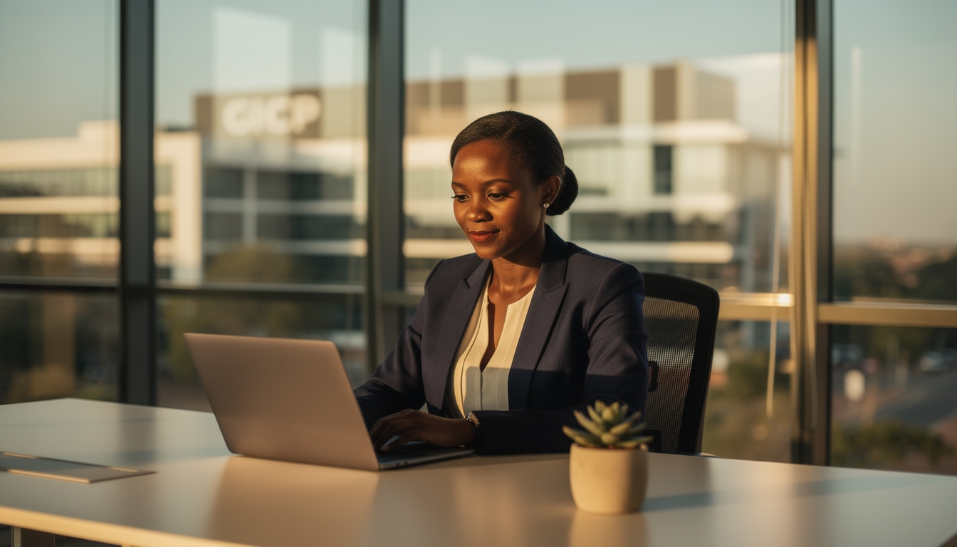 Botswana business owner working on digital tools at a laptop in a modern Gaborone office