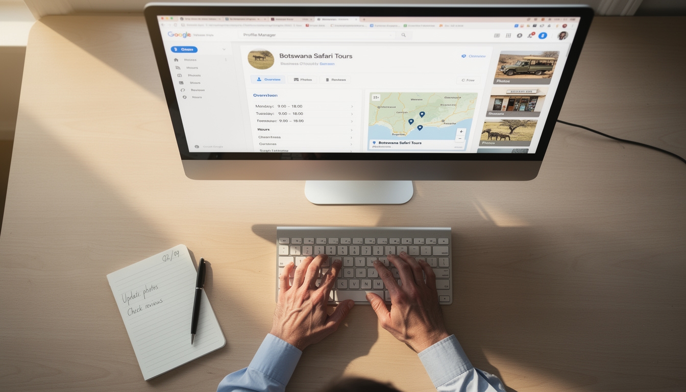 Overhead view of a person's hands on a keyboard with a Google Business Profile interface visible on screen, showing a Botswana business listing
