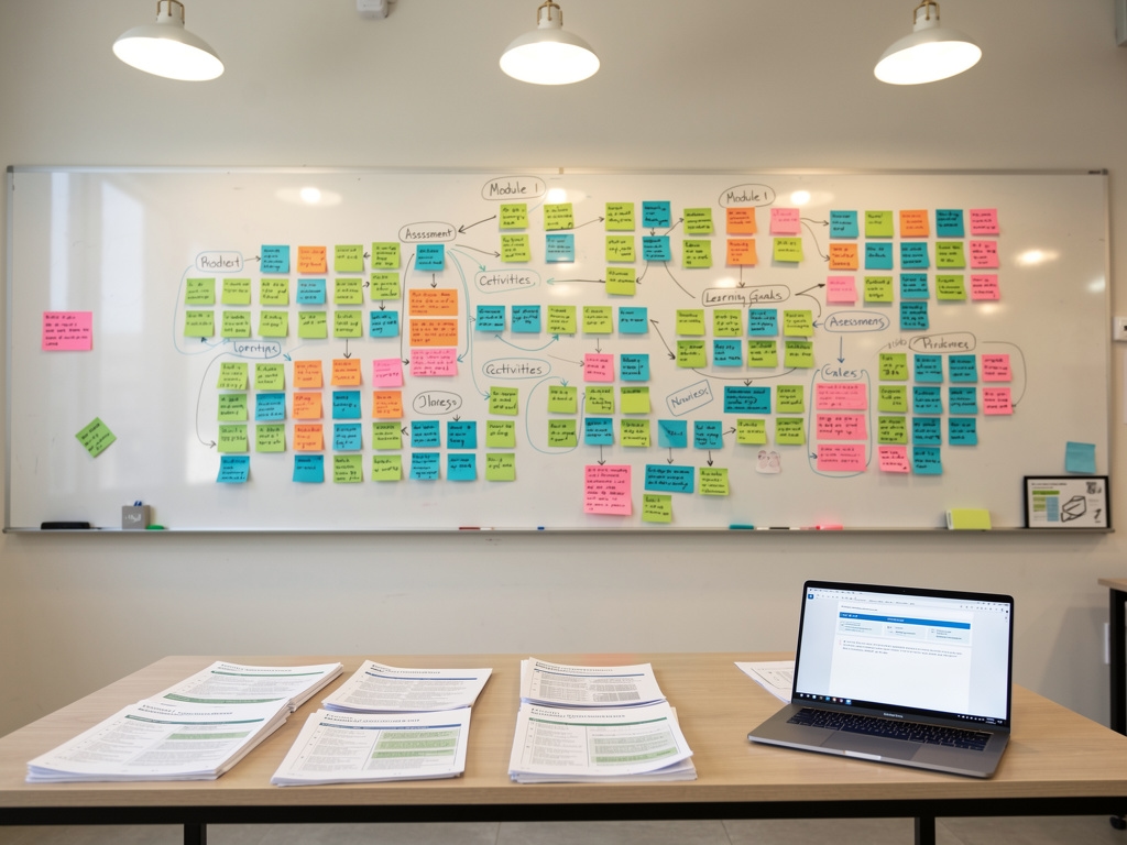 Wide shot of a creative workspace with a large whiteboard covered in colorful sticky notes and diagrams, representing curriculum design in a bright Botswana office