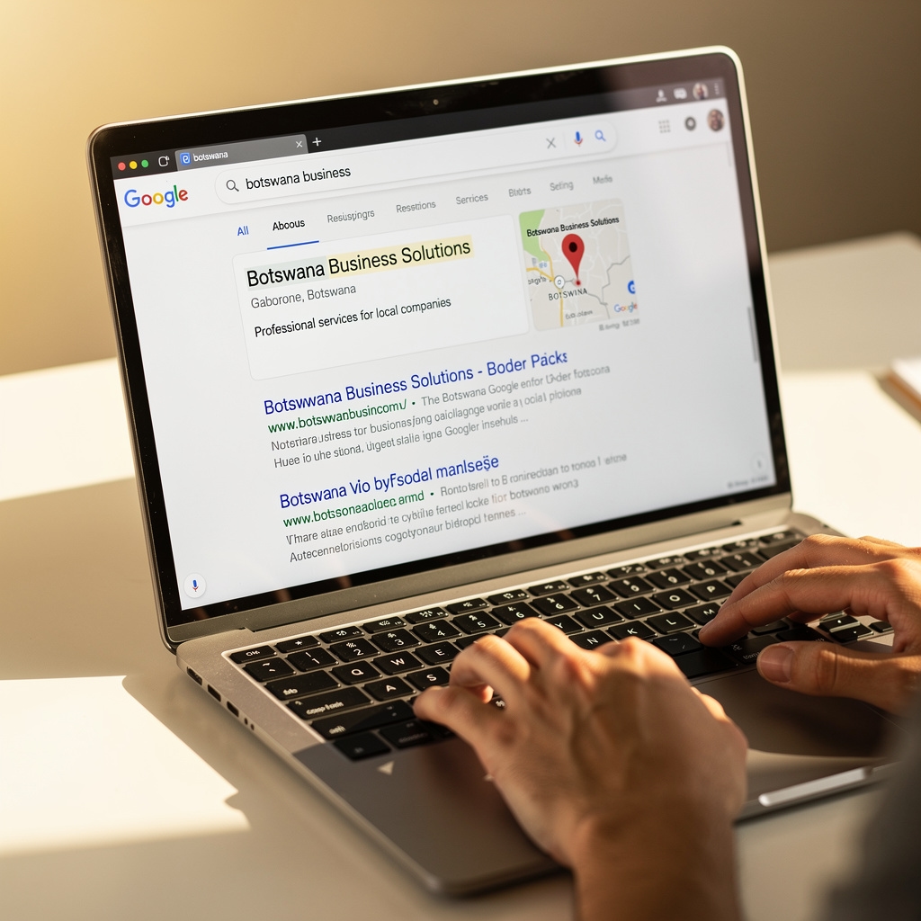 Close-up of a laptop screen showing a Google search results page with a Gaborone business appearing prominently